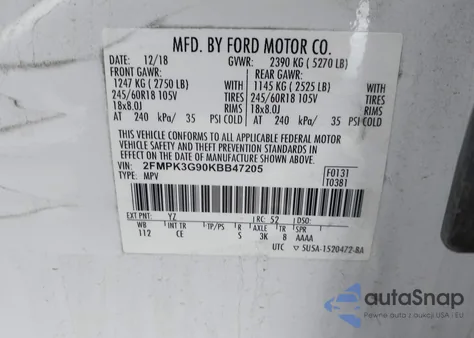 2019 Ford Edge Se z USA, uszkodzony, nr VIN 2FMPK3G90KBB47205